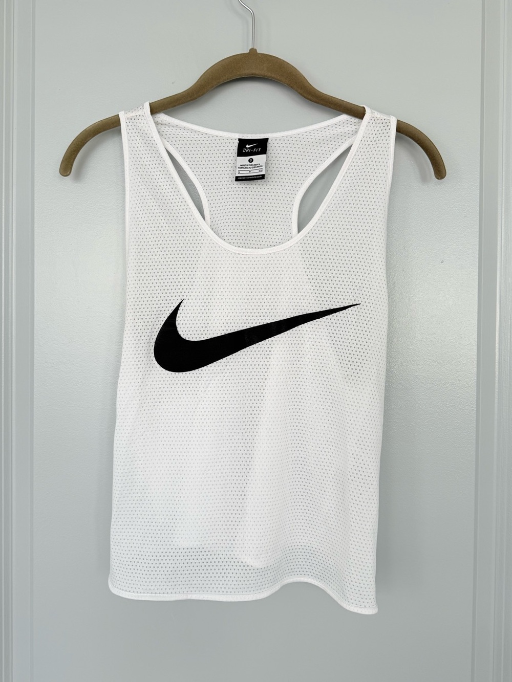 Nike White Mesh Racerback Tank with Black Swoosh Logo